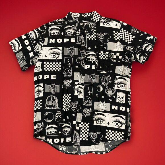 Hot Topic Mens Shirt Size XL Black Button SS Goth Grunge Skull Checker Crystal - Picture 1 of 6